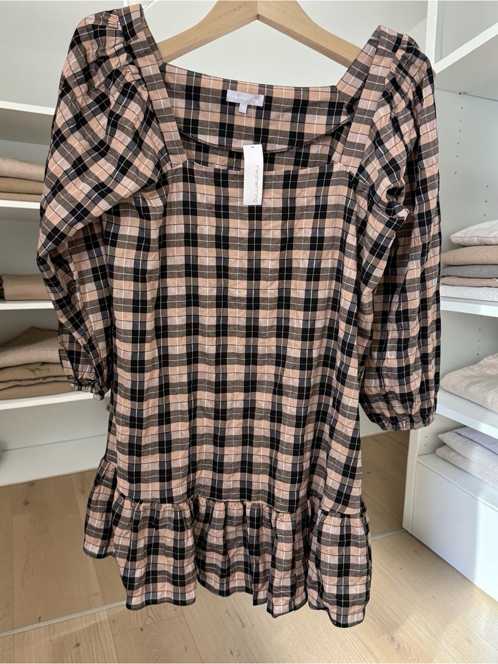 Redherring Plaid Puff-Sleeve Peplum Tunic in Beige and Black NWT